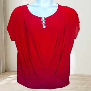 AUW Red Blouse with 3 Gold Ring Accent Neckline Banded Hem Size XL